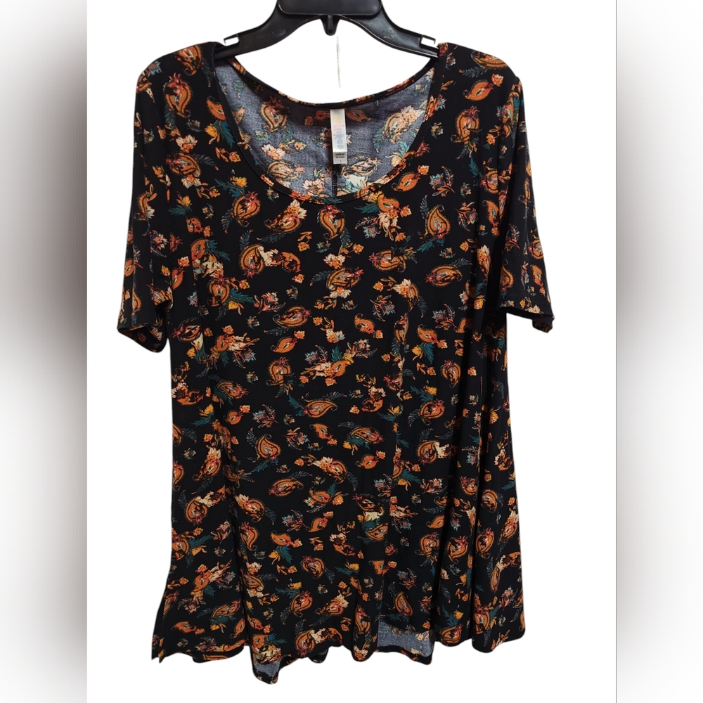 LuLaRoe Black Top with Orange Paisley Design